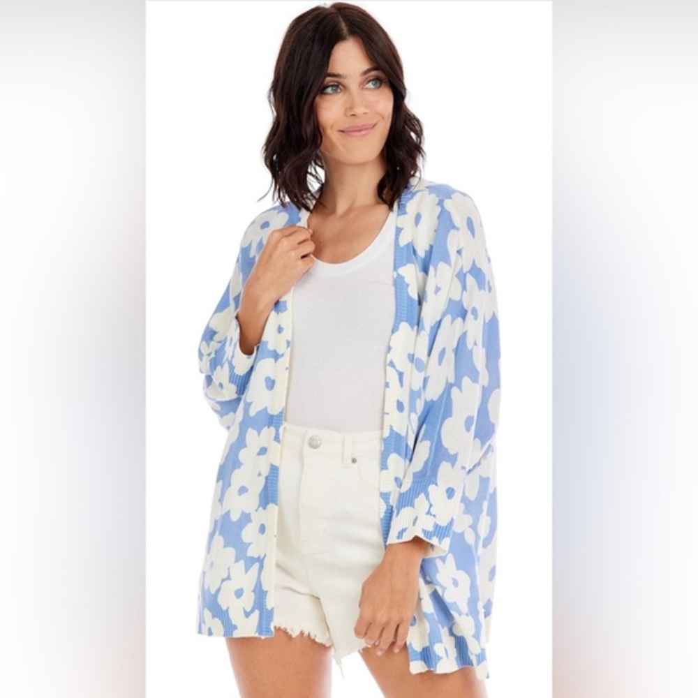 MUD PIE Wrenley Open Cardigan‎ Blue White Flower Lightweight One Size
